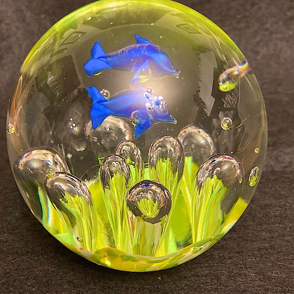 Dolphin Other - Vintage Glass Underwater Theme With Duo Blue Dolphins Paperweight.